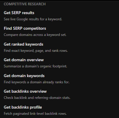 The Findable competitive research tool group, listing Get SERP results, Find SERP competitors, Get ranked keywords, Get domain overview, Get domain keywords, Get backlinks overview, and Get backlinks profile